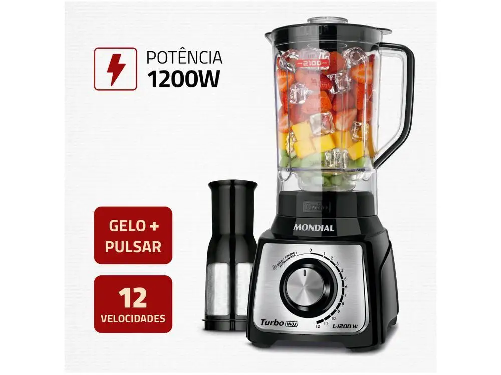 Liquidificador Mondial Turbo L-1200 BI com Filtro 12 Velocidades 1200W Inox Preto - 120V 3
