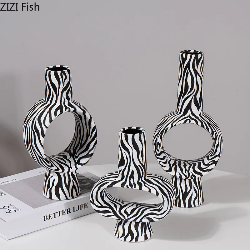 Zebra Stripes Ceramic Vase Desk Decoration Flowers Arrangement Artificial Flower Decorative Floral Vases Room Aesthetic Decor 4