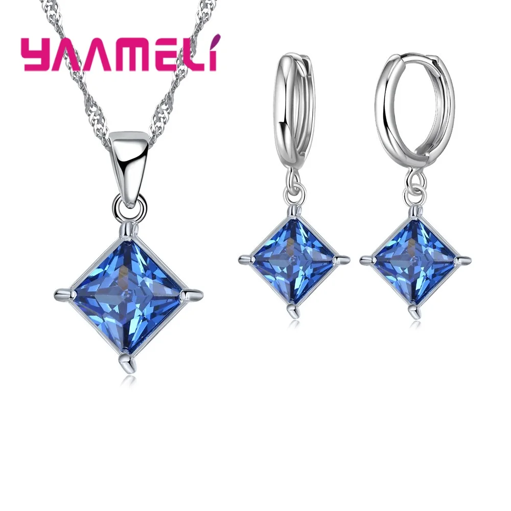Neue große Aktion 925er Sterlingsilber glänzende quadratische Zirkone Anhänger Halskette und Ohrringe Schmucksets für den Großhandel