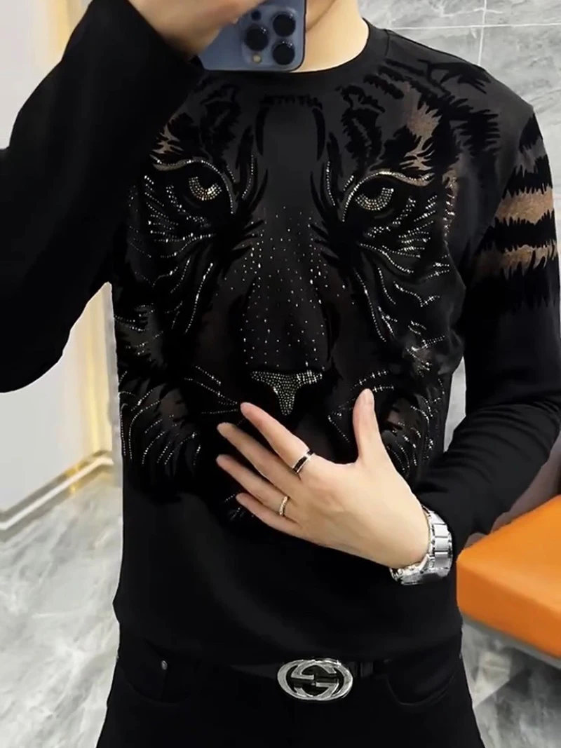 

High Quality Fall New Men Long Sleeve Round Neck Underlay T-shirt Personalized Print Hot Diamond Casual Versatile Tiger Head Top