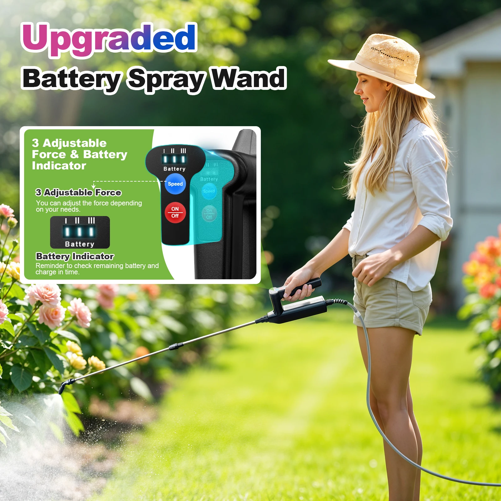 8M Battery Powered Sprayer Wand 7.4V Rechargeable Water Sprayer Wand with 4 Adjustable Nozzles & Filter 2