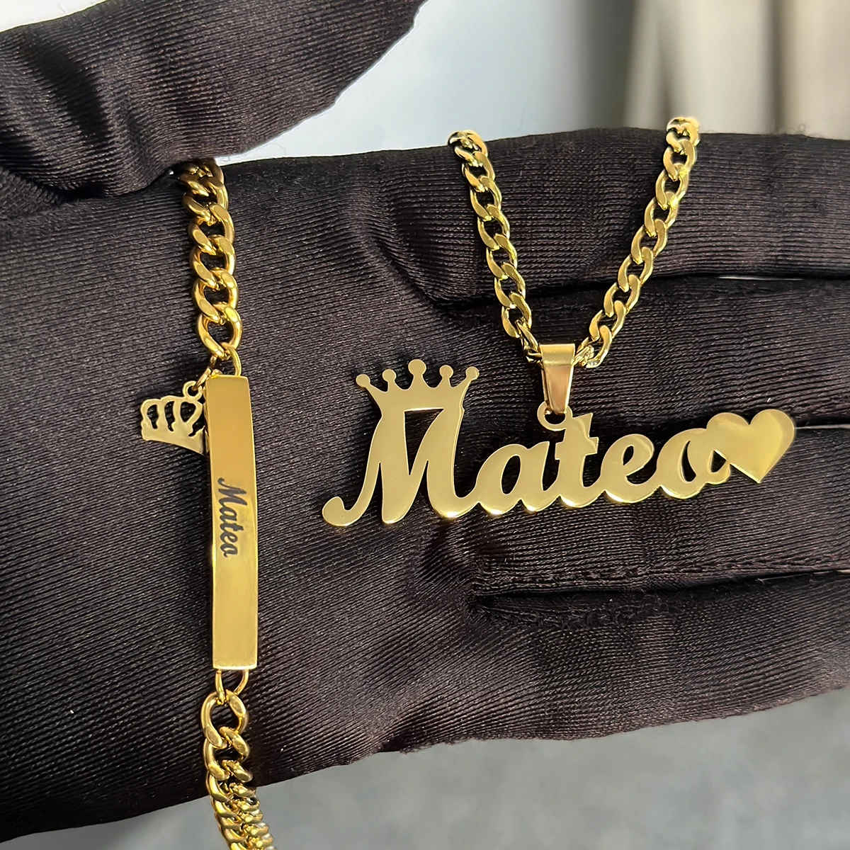 DHQH Original New Custom Name Set Jewelry Stainless Steel Love Crown Name Pendant Engraved Name Children's Bracelet Necklace Set - Image 3