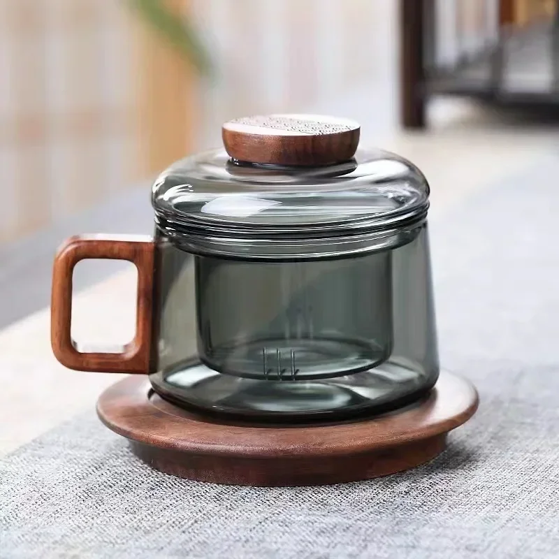 Tea Infuser Cup 200ml Heat Resistant Glass Teacup with Filter and Wood Handle Coaster Office Tea Separation Mug Kung Fu Set insulated tea cup tea cup