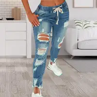 Popular Pencil Jeans Streetwear Women Jeans Slim Slim-fitting All Match Denim Pants  Elastic Waist 2