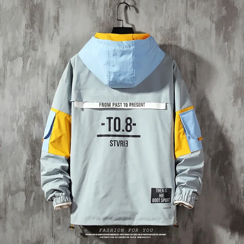 남성 자켓 까마귀 패션 streetwear 색상 대비 패치 워크 후드 자켓 방수 윈드 브레이커 지퍼 업 코트 남성 아웃웨어