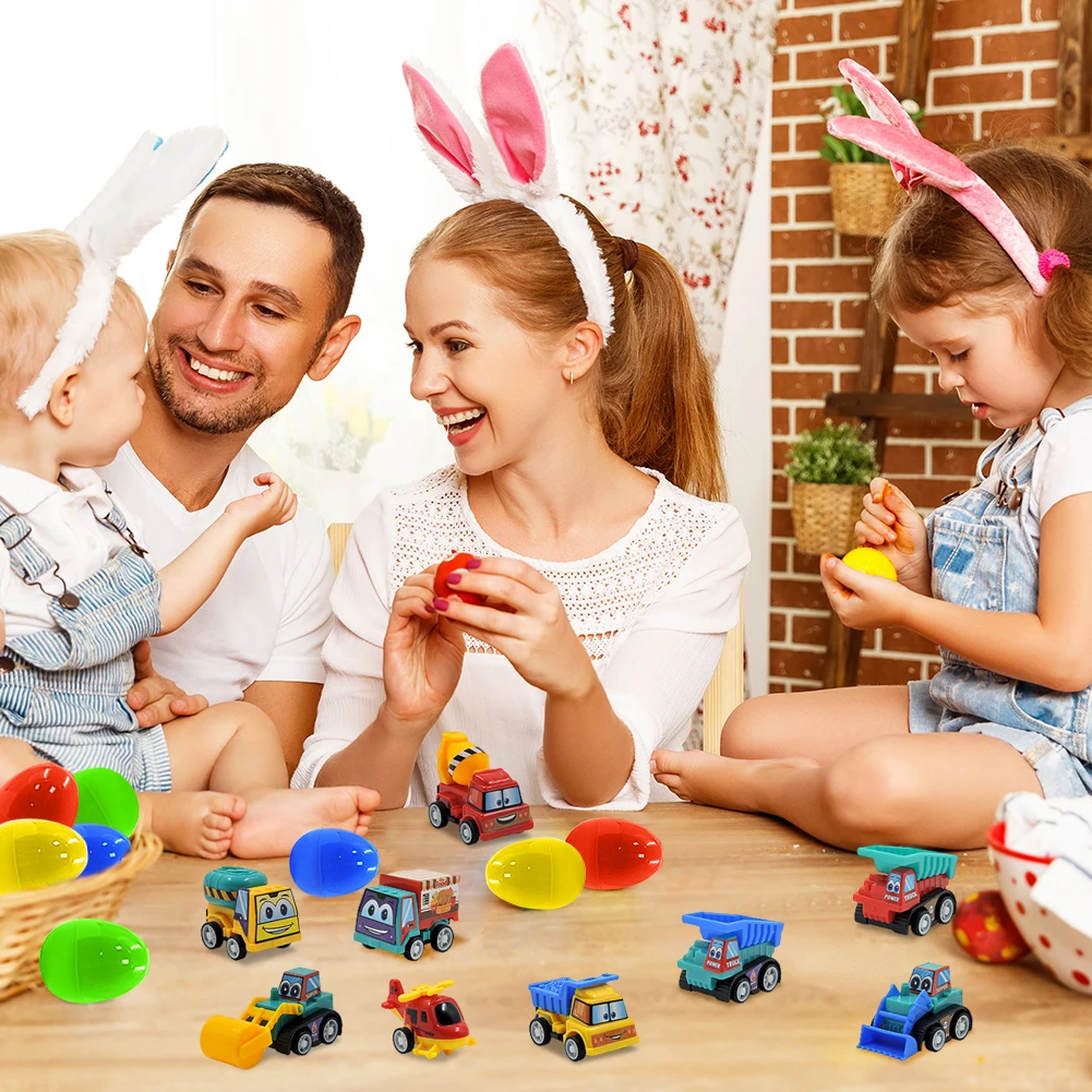 12Pcs Prefilled Easter Eggs Easter Egg Fillers with Engineering Vehicles Inside Easter Basket Stuffers for 3 4 5 6 7 8 Year