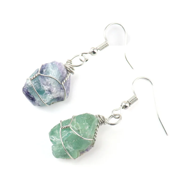 Wire Wrapped Natural Crystal Rough Stone Irregular Raw Ore Dangle earrings Energy Healing Gemstone Amethyst Earring Women Jewely