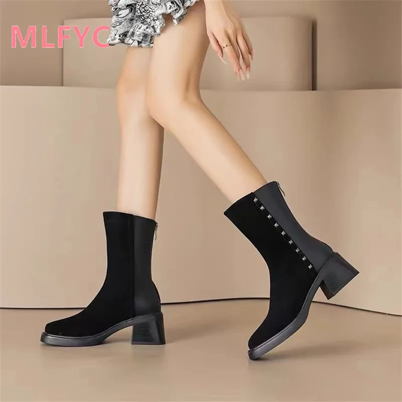 High Heel Short Boots Women's 2023 Autumn/Winter New Spliced Rivet Waterproof Platform Autumn/Winter High Heel Boots