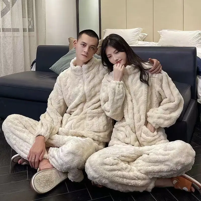 Loose Pajamas Set Warm Sleepwear Coat Men Zip Flannel Winter Pajama Sets Male Long Sleeve Casual Unisex Pyjamas Fleece