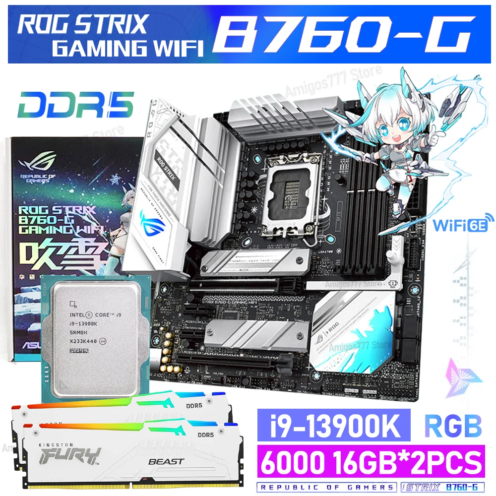 

ASUS ROG STRIX B760-G GAMING WIFI DDR5 White Game Motherboard CPU RAM Suit i9 13900K With 6000MHz 32GB RGB Memory With WI-FI 6E
