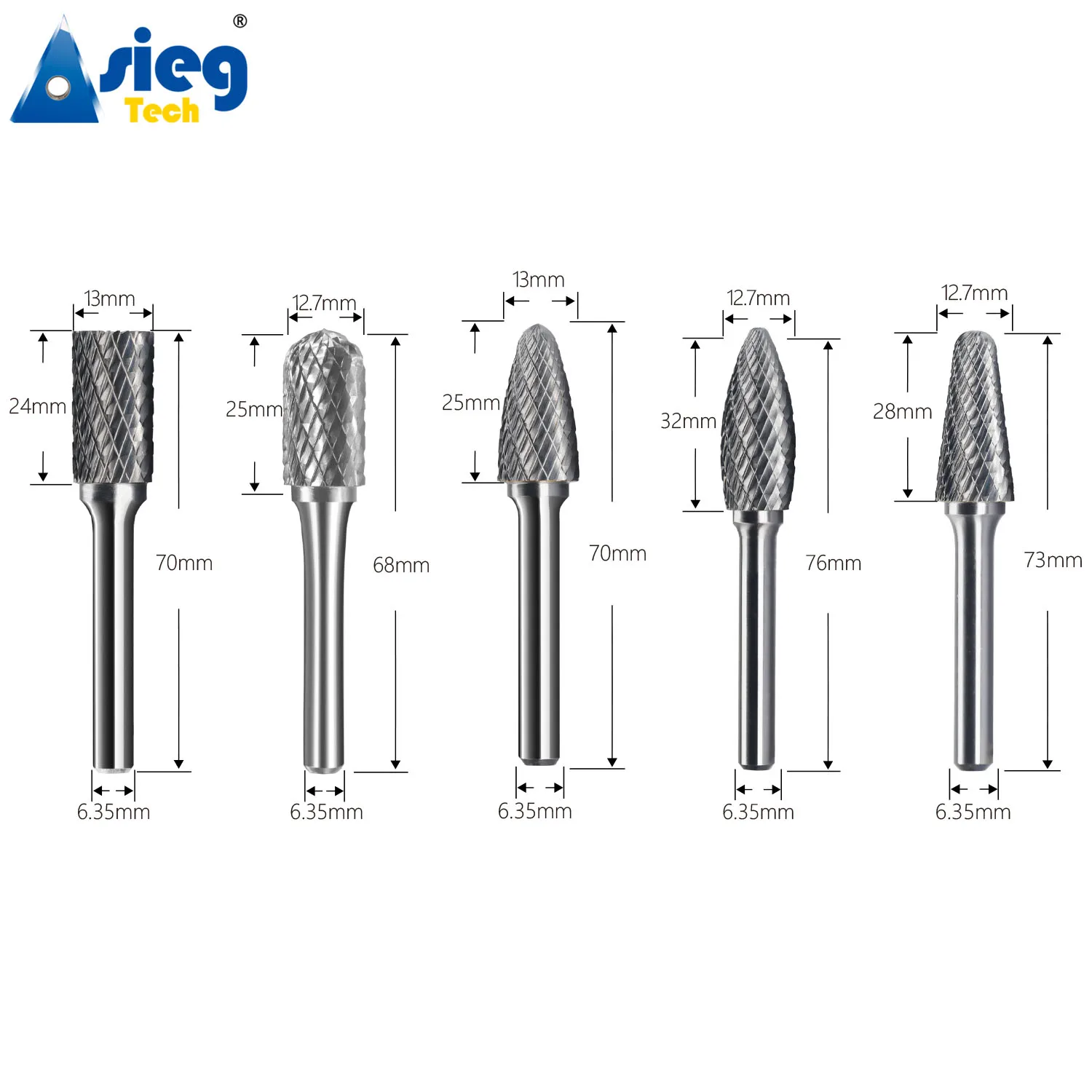 5pcs Carbide Burr Set Die Grinder Bits Rotary Files 1/4" 6.35mm Shank for Grinding Wood Metal Fits Dremel Reamer Tools 2