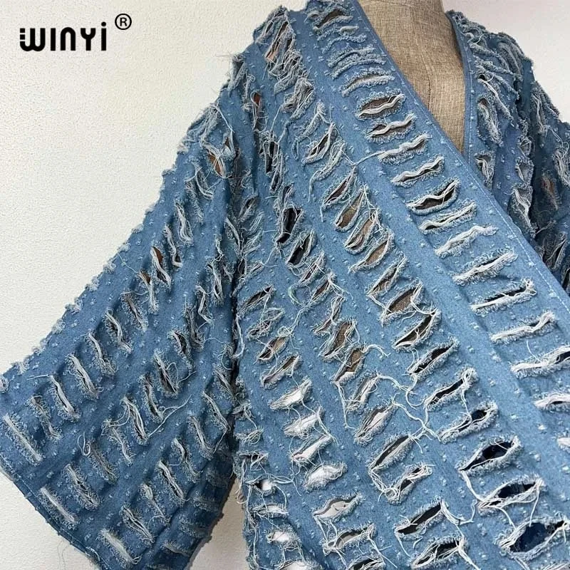 WINYI 여성용 아프리카 패션 가디건, 2024 루즈 오버코트, 할로우 데님 롱 다운 코트, 수영복 커버 업, 여름 기모노, 신제품