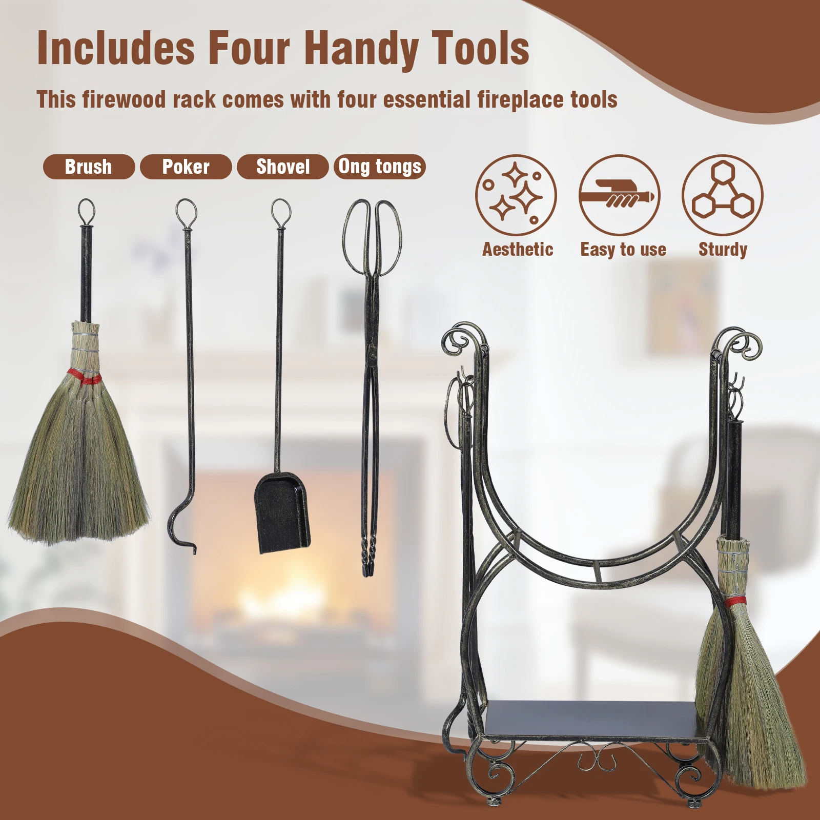 Metal Black Copper Firewood Rack Set with Fireplace Tools