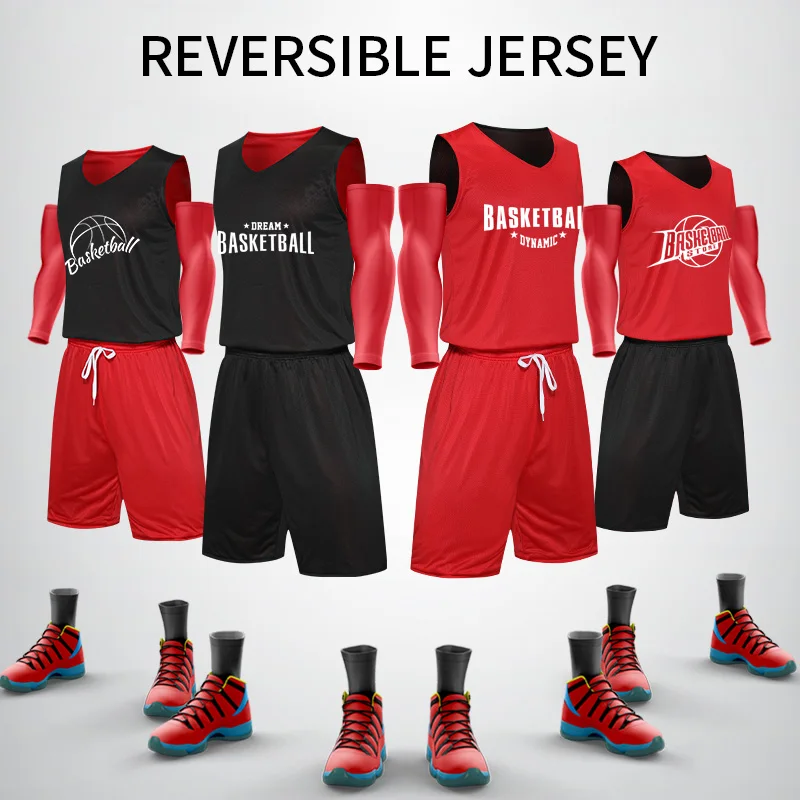 Youth Basketball Jersey Sets Mens Breathable Polyester Mesh Fabric Reversible Basketball Uniform Shirts 5101