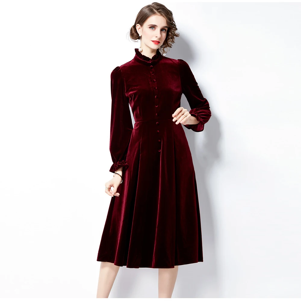 

Autumn Winter Runway Black RedVelvet Dress Women Long Sleeve Stand Collar Party High Waist Casual Midi Vestidos Elbise M8818