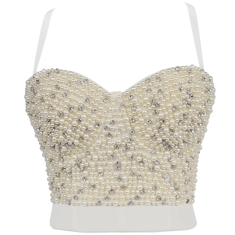 

Fashion Pearl Party Tank Top Sexy Corset Woman Clothes Blusas Club White Crop Tops Women Push Up Bustier Camisole Ladies Bra