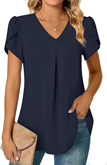 Elegantes Damen Top Bluse Blume 2024 Sommermode Einfachheit Kurzarm Solide V-Ausschnitt Pendler Büro Weibliches Hemd S-XXL