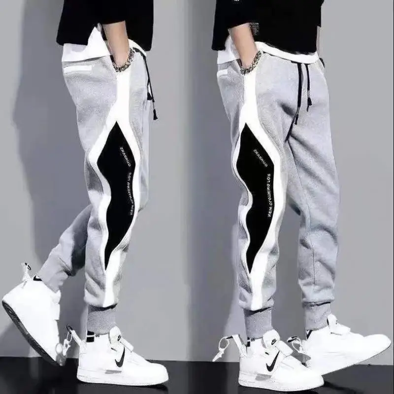 

New Men Jogging Fitness Pants Patchwork Elastic Waist Windproof Tie-Foot Sweatpants Male Fashion Casual Baggy All-Match Trousers