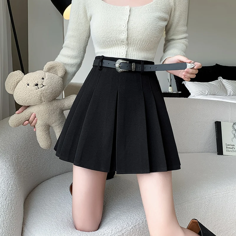 

Woolen Pleated Skirts Women Autumn Winter Korean Y2k Retro Mini Skirt High Waist Casual Harajuku Sweet Faldas With Belt T595