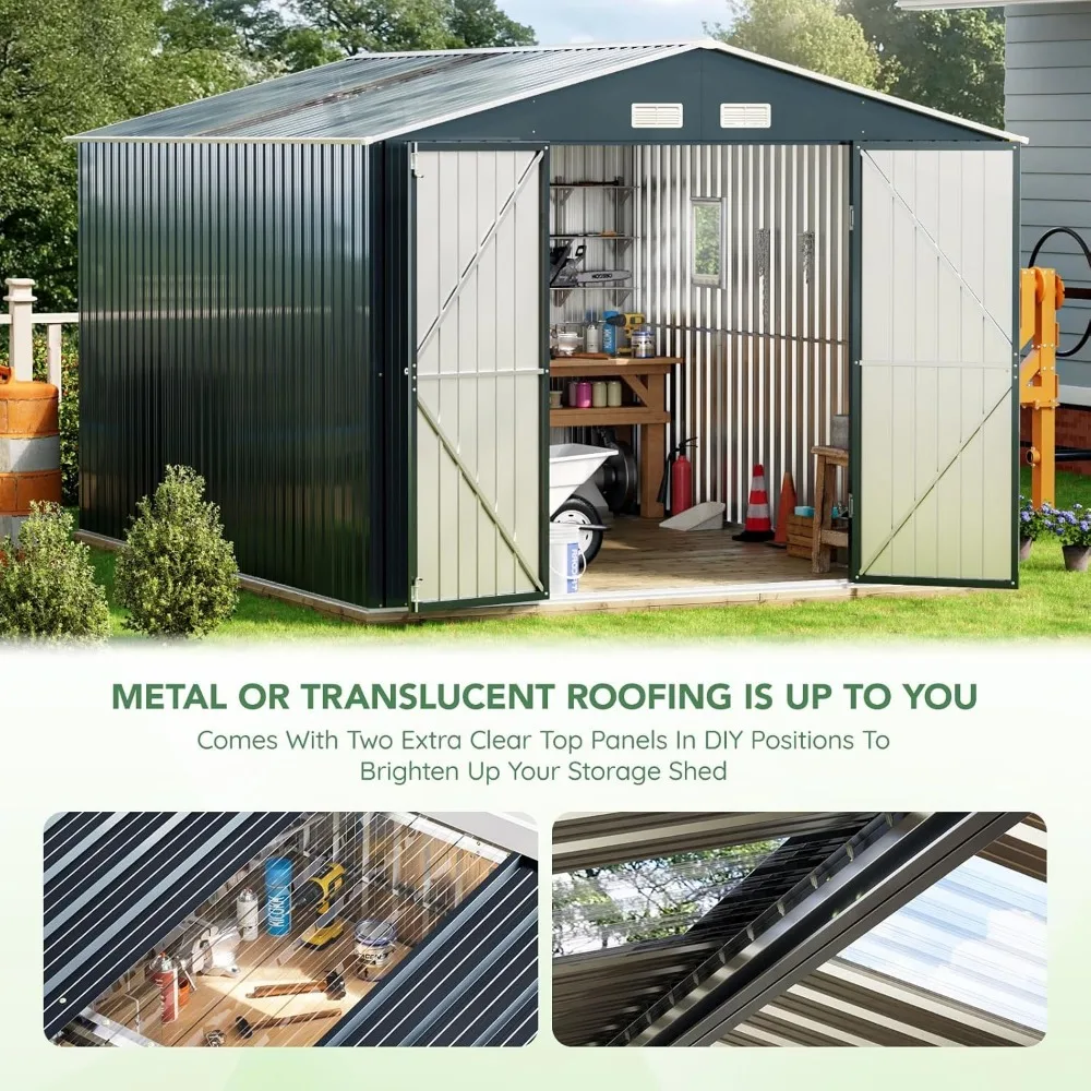 10X12X7.5 FT Outdoor Steel Storage Shed with Lockable Doors, 2 Windows, Transparent Roof Panels 3