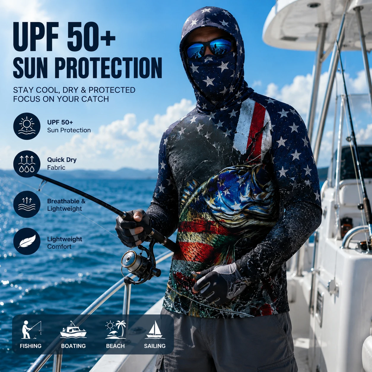 Men's Long Sleeve Fishing Shirt with Hood UV Protection Breathable Fishing T-Shirt for Fishing Adventures