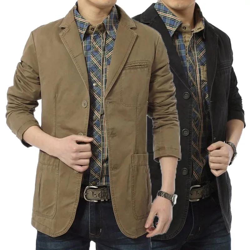 Men suits jackets: men casual blazers cotton denim parka slim fit jackets army green khaki big size M-XXXXL