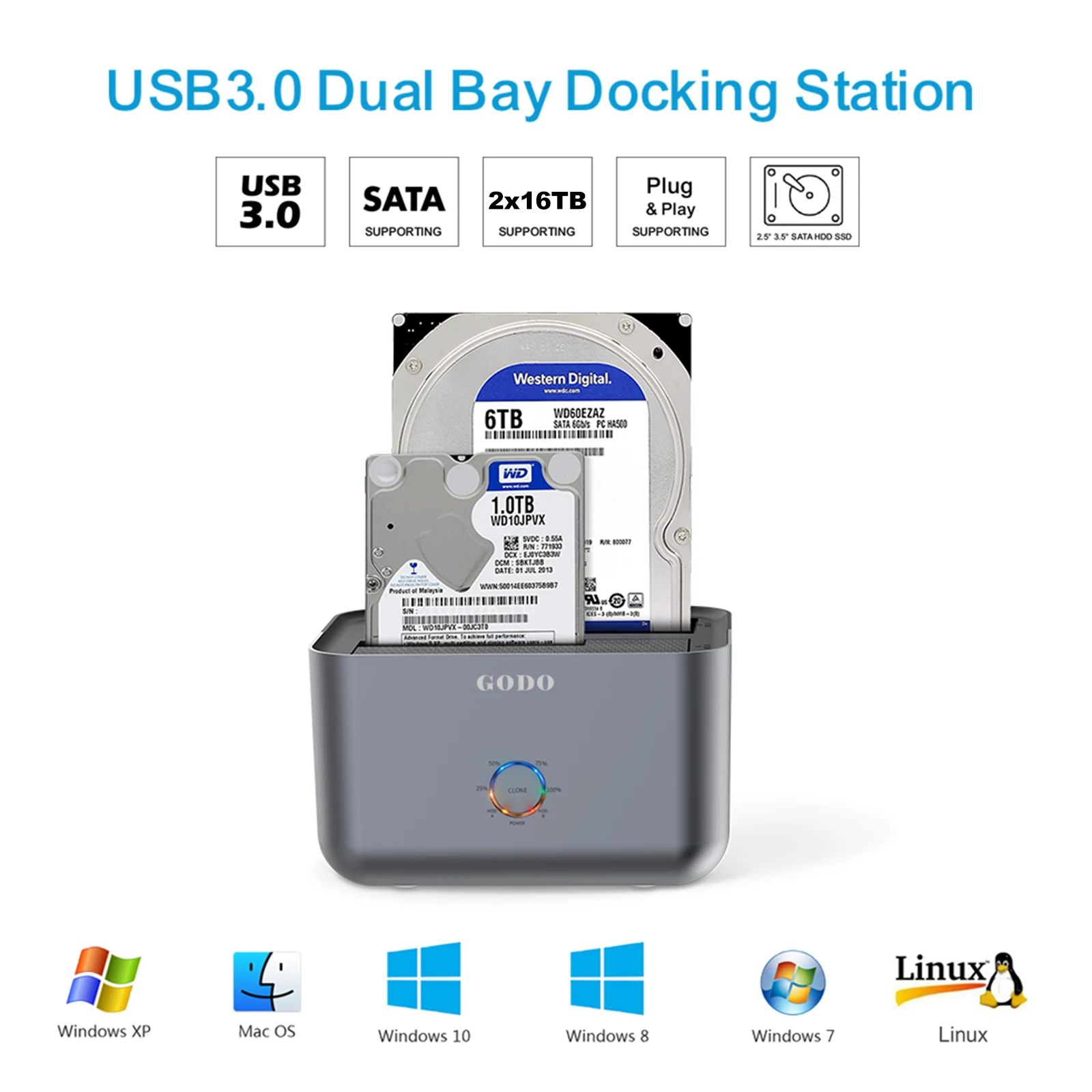GODO Dual Bay Hard Drive Dock Hard Drive Docking Station to USB 3.0 Type C for SATA 2.5 / 3.5 inch HDDs/SSDs with LED Indicator