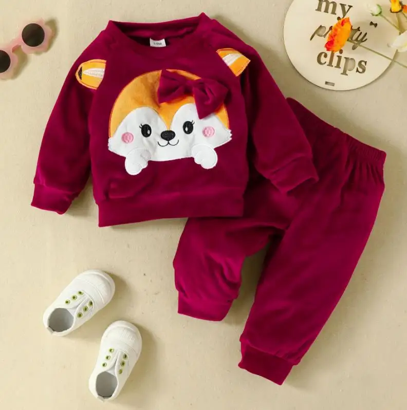 

Spring Autumn Boutique Outfits Infant baby clothes girl Fox embroidered long-sleeved hoodies tops and pants 2pcs Toddler Outfits