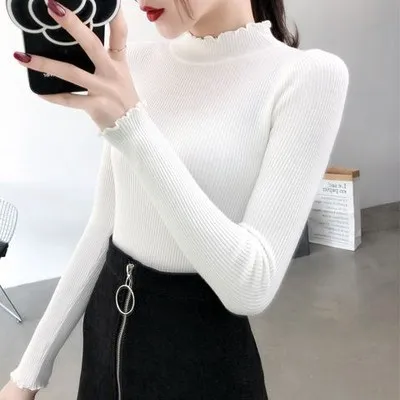 Autumn Winter Slim Fit Knitted Pullovers Women Long Sleeved Ruched Knit Tops Ladies Casual Half High Collar Knitting Sweater cable knit sweater Sweaters