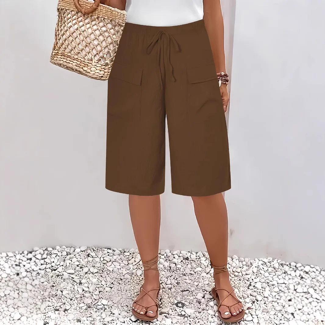 2026 New Summer Autumn Knee Length Drawstring Elastic High Waist Short Style Women's Pockets Casual Solid Color Shorts Pants
