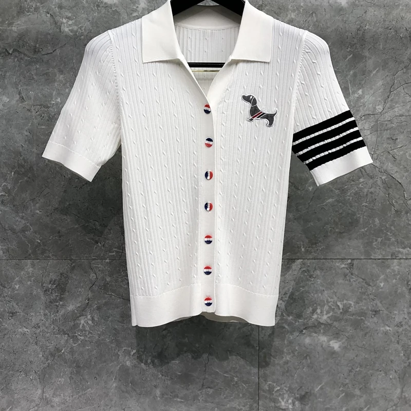 

TB THOM Top Women 2023 Summer Stitch Women's T-shirts Kawaii Puppy Embroidery Knit Cardigan Blouses Casual Harajuku Blouses