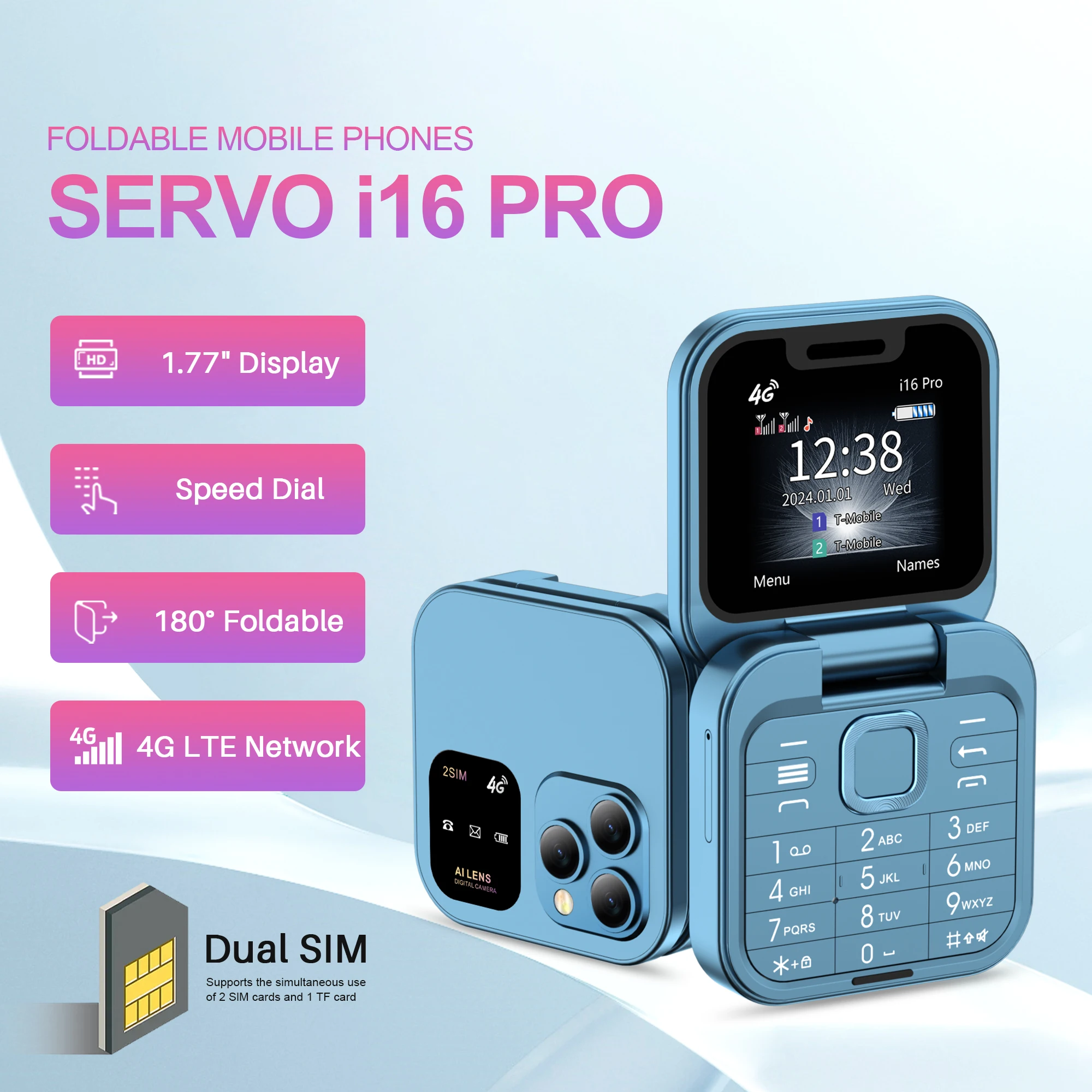 NEW SERVO i16 Pro 4G LTE Mini Folding Mobile Phone 2 SIM Standby Speed Dial Blacklist Call Recording Torch Cute Flip Cellphones