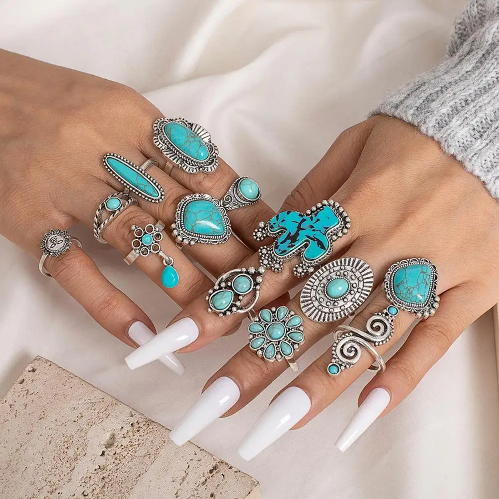 Long-lasting Rings Bohemia Rings Vintage Bohemian Adjustable Ring Set with Cactus Sun Shape Faux Turquoise Knuckle Rings for Her 5