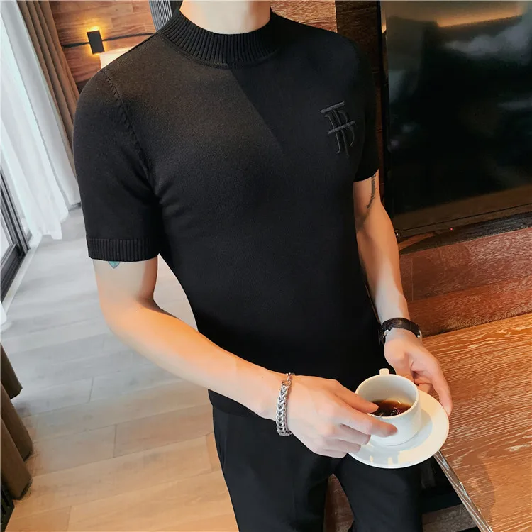 Luxury Men Summer Knitted T-shirt High Quality Slim Fit O-neck Tops Jacquard Tees Brand Clothing Social Club Pullovers T-Shirt