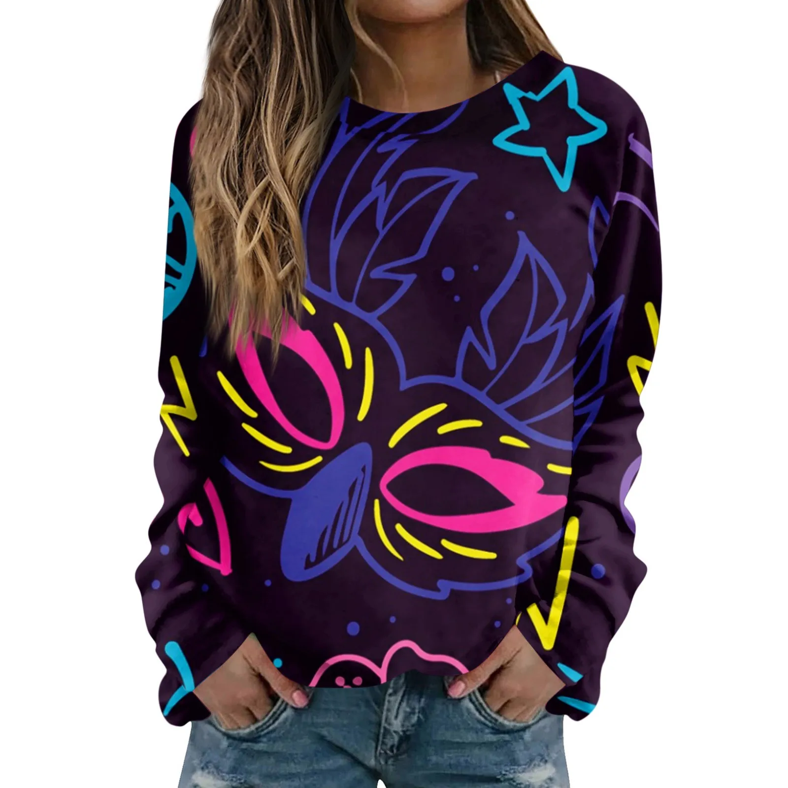 

Women'S Shirt Women'S Fashion Casual Long Sleeved Print Round Neck Sweater Top женская одежда Woman Clothing Shirts