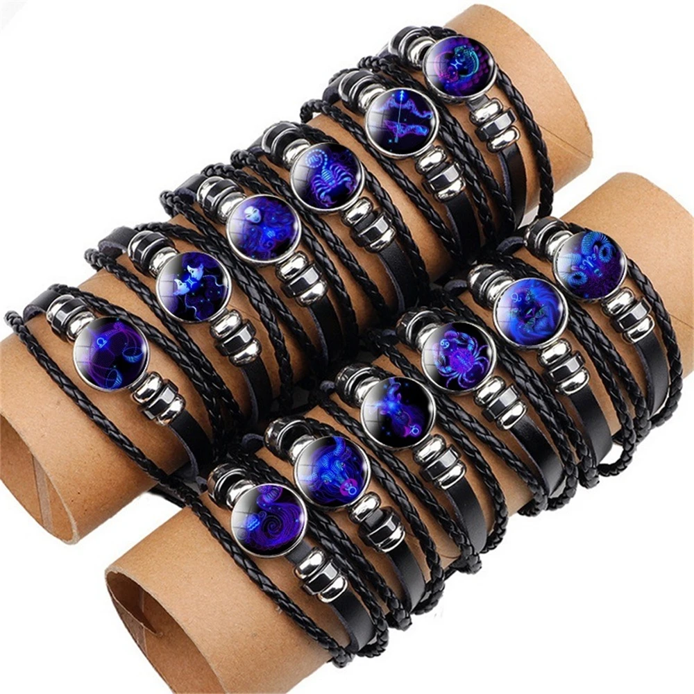 12 Constellation Braided Leather Bracelet Punk Style Zodiac Sign Multilayer Weave Wrap Bracelet for Birthday Gifts leather bracelet leather bangle