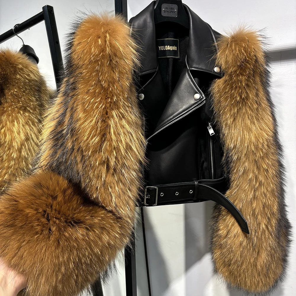 YOLOAgain Plus Size 8XL Real Fox Fur Sleeve Genuine Leather