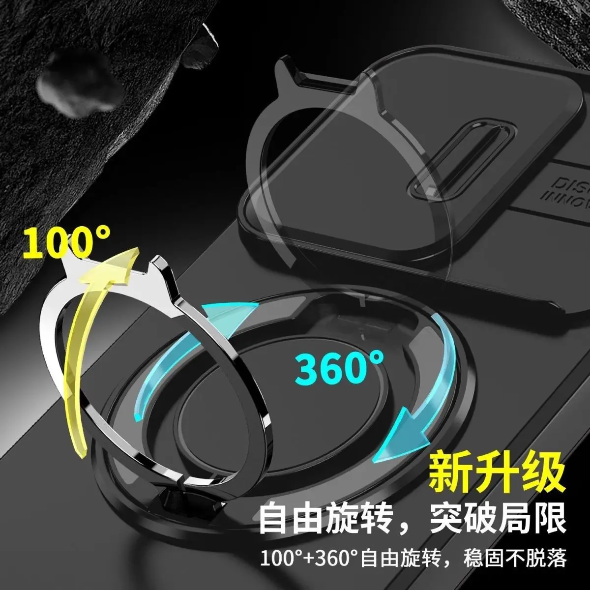 Sliding Camera Lens Protection Armor Phone Case with 360° Rotating Ring Holder and Kickstand, Shockproof Back Cover