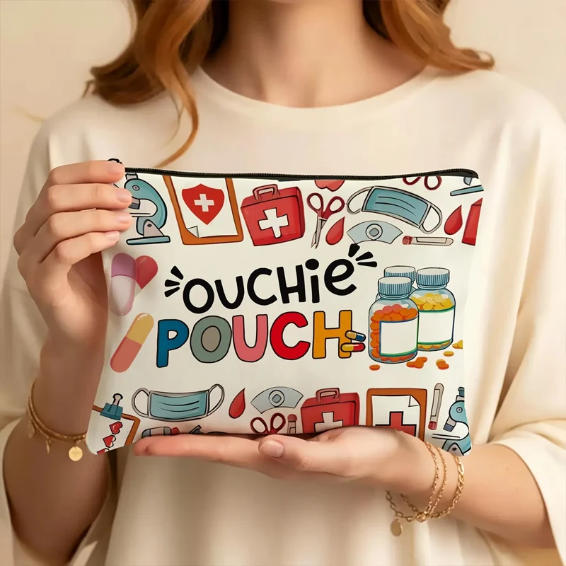 Ouchie Pouch, graziosa borsa medica per trucchi, borsa da viaggio portatile con cerniera, leggera, beige, custodia per cosmetici, regalo per infermieri. - immagine 2