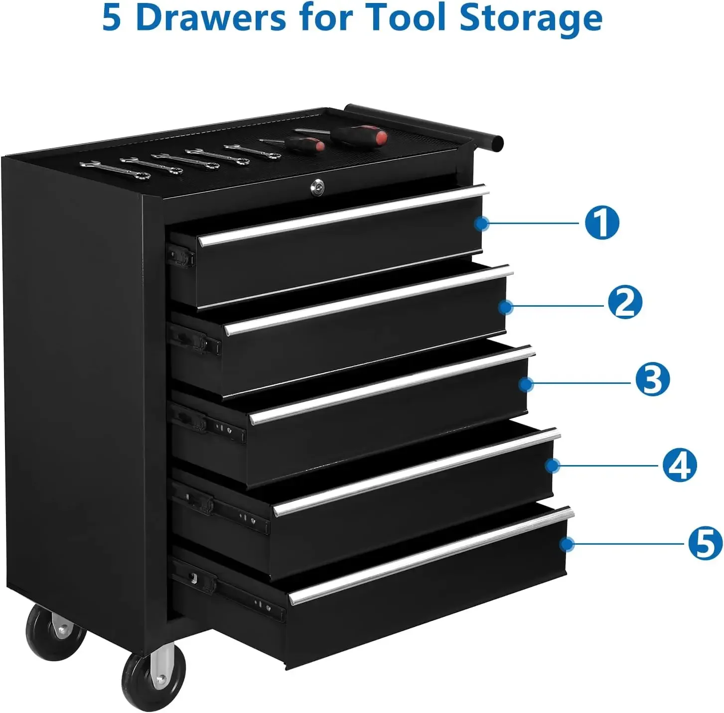 5-Drawer Rolling Tool Chest w/Lock & Key, Tool Storage Cabinet with Wheels, Top Cushion & Drawer Liners, Tool Organizer 5