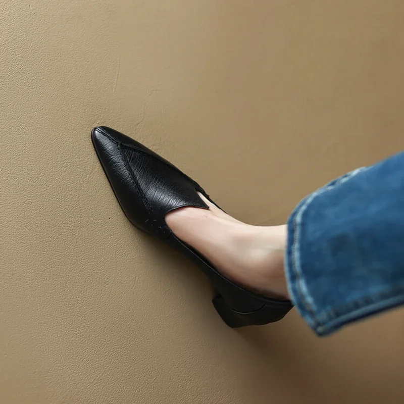 

NEW Spring/Autumn Women Loafers Pointed Toe Chunky Heel Shoes Genuine Leather Shoes for Women Retro Concise Handmade Women Pumps