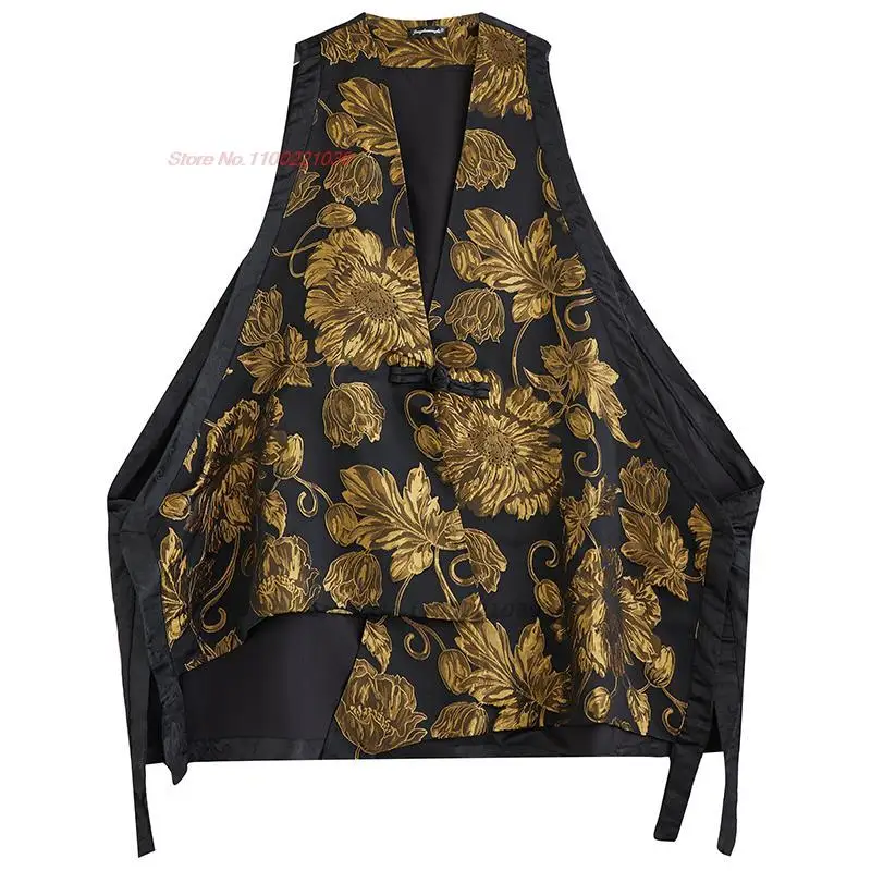 National Harajuku Gilet National Flower Jacquard Loose Vest Chinese Tang Suit Vintage Sleeveless Jacket Waistcoat Vest