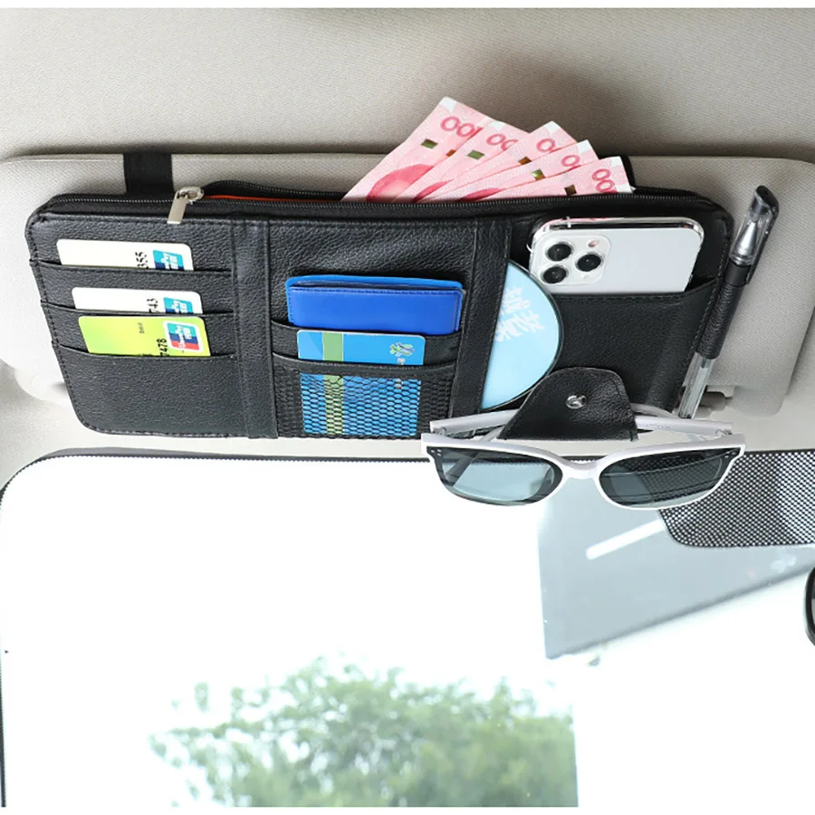 PU Leather Car Sun Visor Organizer Bill Card CD Phone Holder Sunglasses