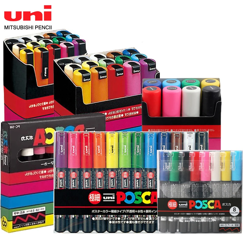 Uni POSCA 풀 메이커 펜 세트, PC-1M 아크릴 그래피티 POP 포스터 광고 플루모네 페인팅, 세라믹 가죽 유리용, 3M, 5M