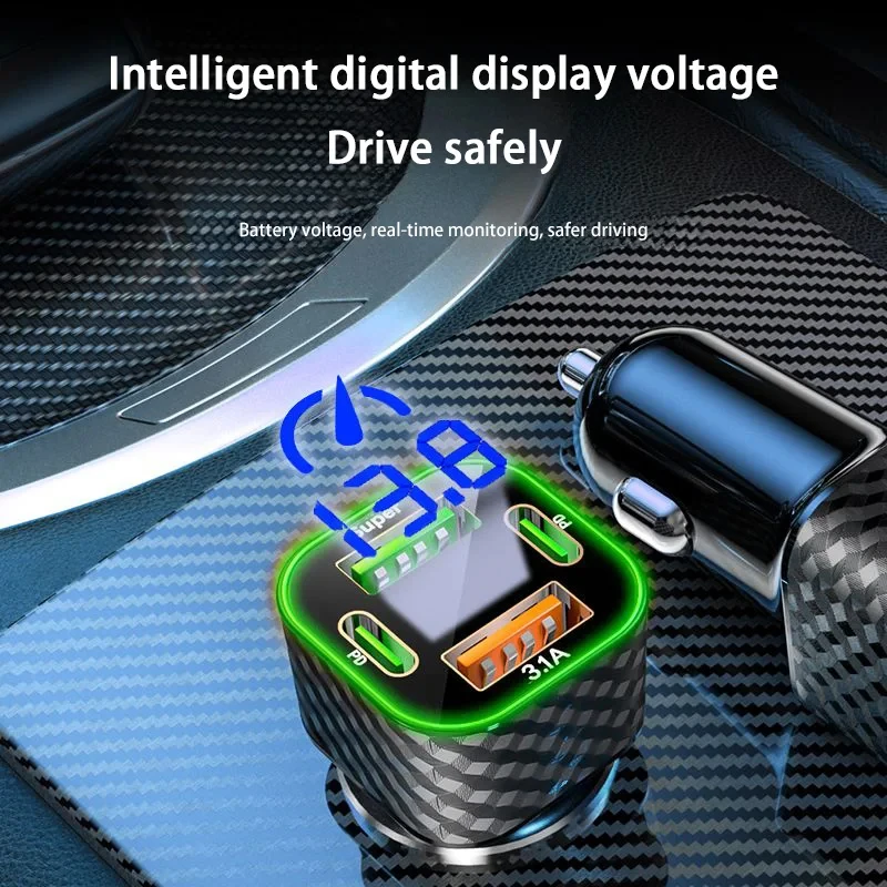 New 380W USB C Car Phone Charger Dual PD 4 in 1 with Voltage Display Super Fast Charge Adapter for iPhone Oppo Vivo Samsung 3