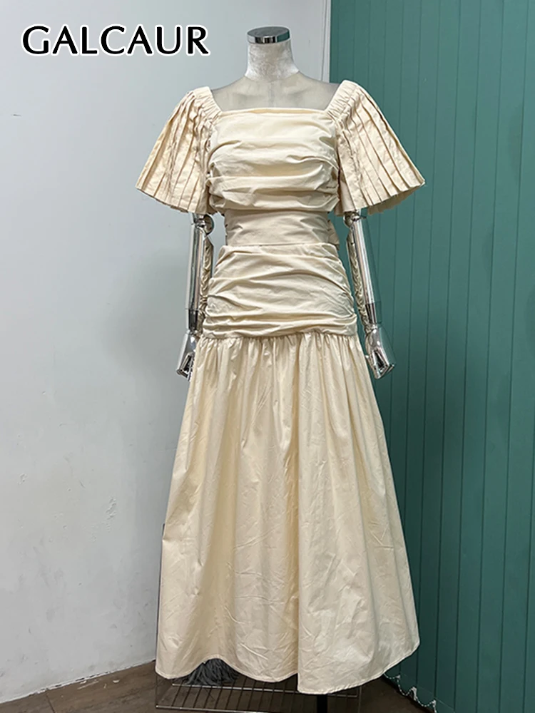 

GALCAUR Hollow Out Backless Dresses For Women Square Collar Puff Sleeve High Waist Folds Spliced Lace Up Pleated Dress Female