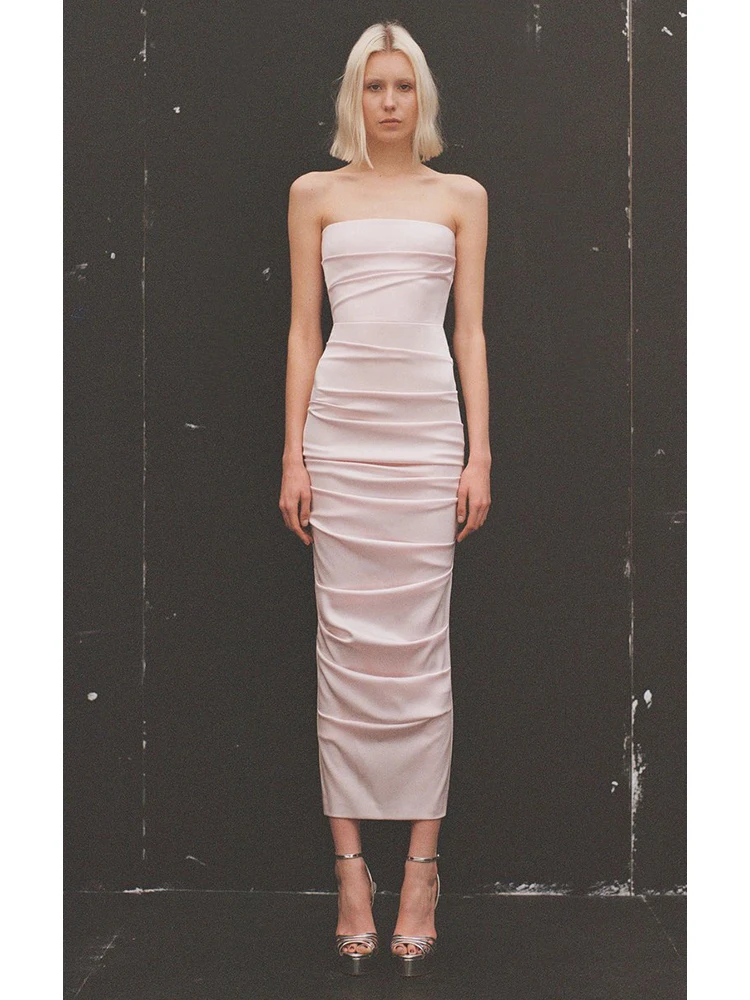 

Summer Sexy Strapless Pleated Maxi Dress Women Pink Sleeveless Backless Folds Slim Long Dress Elegant Celebrity Club Party Dress