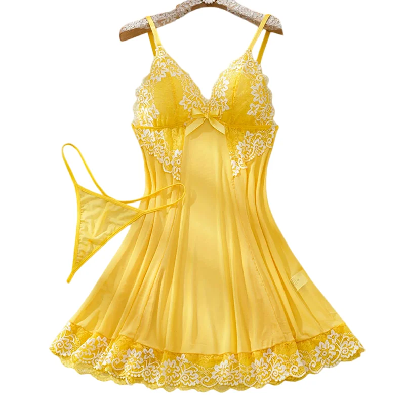 2 Piece Transparent Set Lace Bra Slim Nightgown Set With Thong Erotic Lingerie Pajamas Plus Size Porno Night Dress Sexy Babydoll_voghion.com