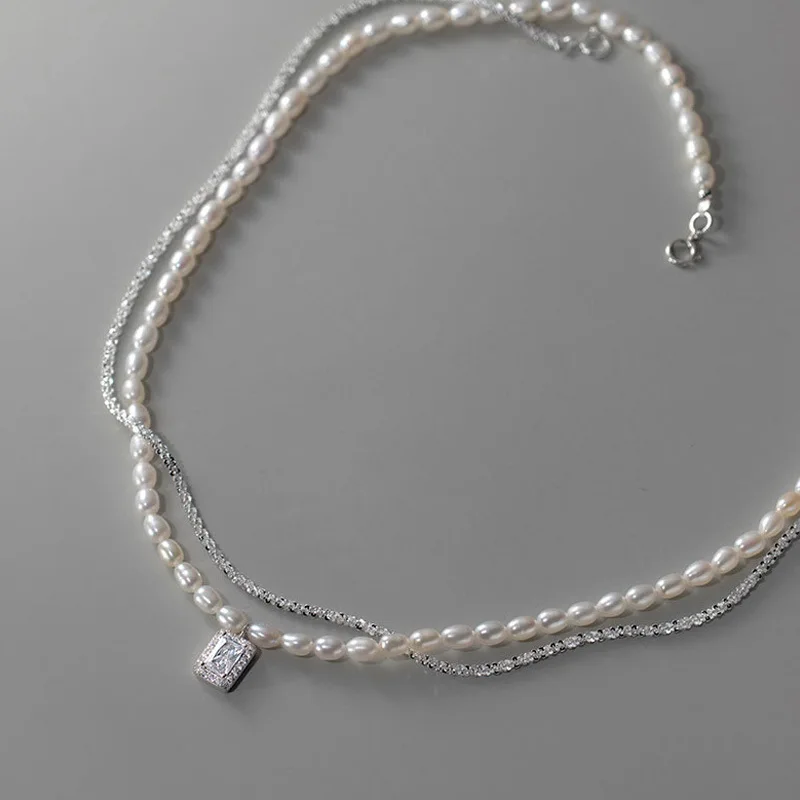 925 Sterling Silver Sparkling Square Necklace Stacked Pearl Pendant Temperament Women Luxury Clavicle Chain Fine Jewelry