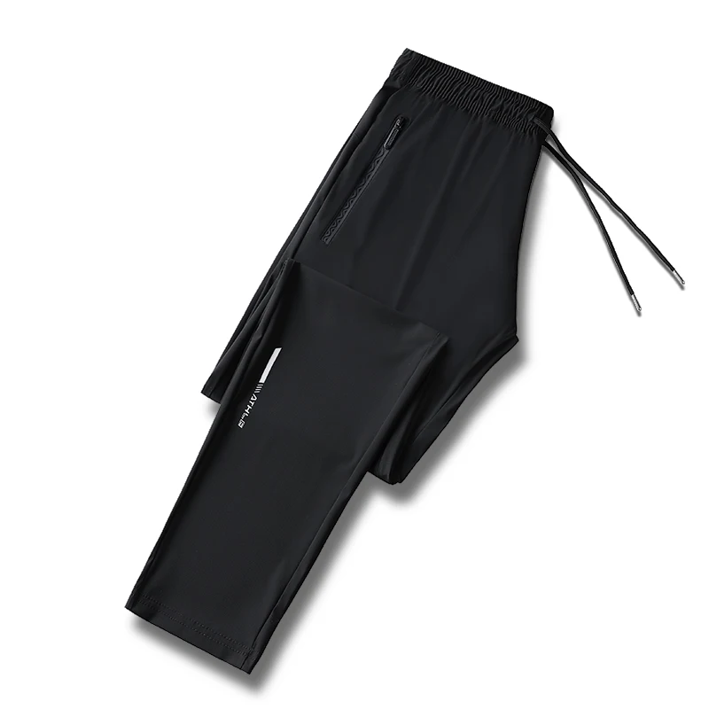 2024 New Casual Trend Solid Color Pocket Elastic Waist Band Mouth Men's Summer Thin Ice Silk Pants Quick Drying Casual Pants